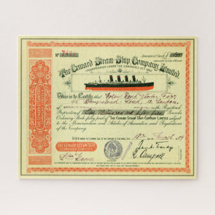 Cunard Steam-Ship Company 1909 Stock Certificate Jigsaw Puzzle