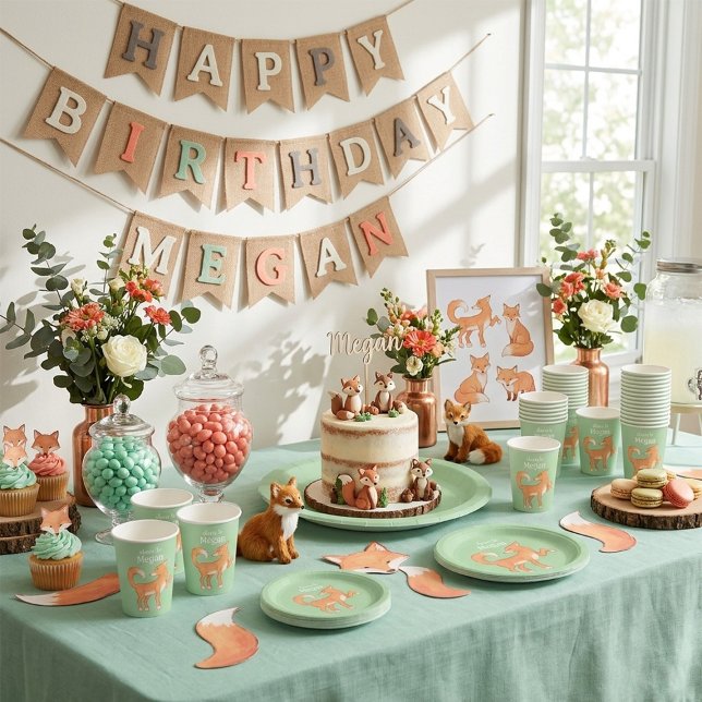 Cunning Fox Mint Green Personalized Birthday Paper Cups (Creator Uploaded)