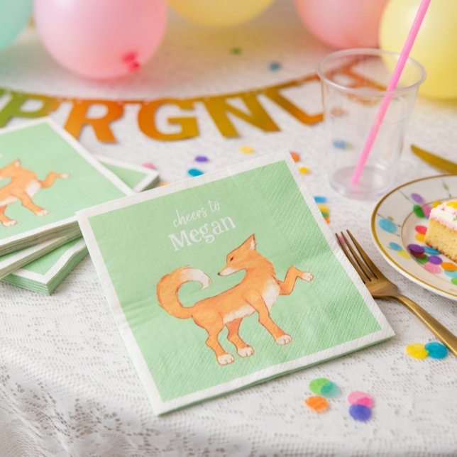 Cunning Fox Mint Green Personalized Birthday Paper Napkin (Creator Uploaded)