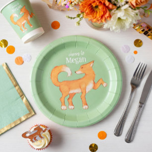 Cunning Fox Mint Green Personalized Birthday Paper Plate