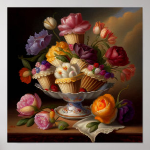 Cup Cakes and Flowers Still Life Art Poster