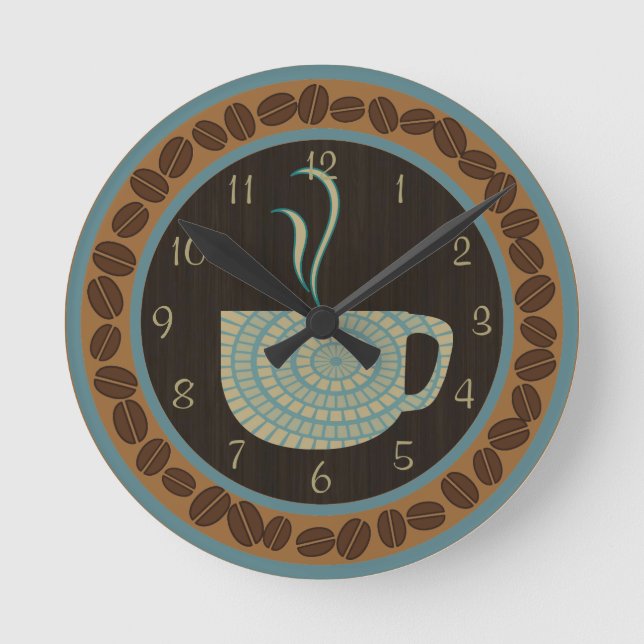 Cup O Coffee Brown and Teal Round Clock (Front)
