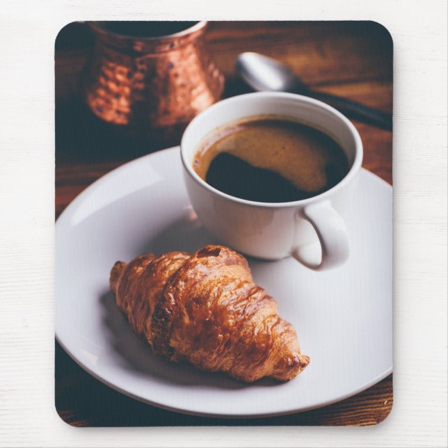 Cup of Black Coffee and Fresh Croissant Mouse Pad (Front)