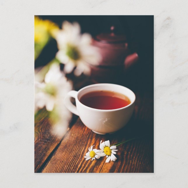 Cup of black tea and two chamomile flowers postcard (Front)