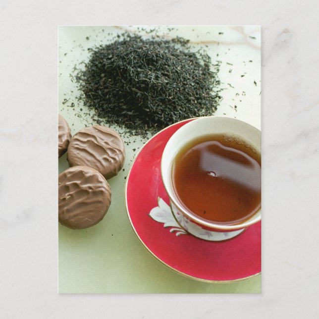 Cup of black tea with chocolate biscuits postcard (Front)