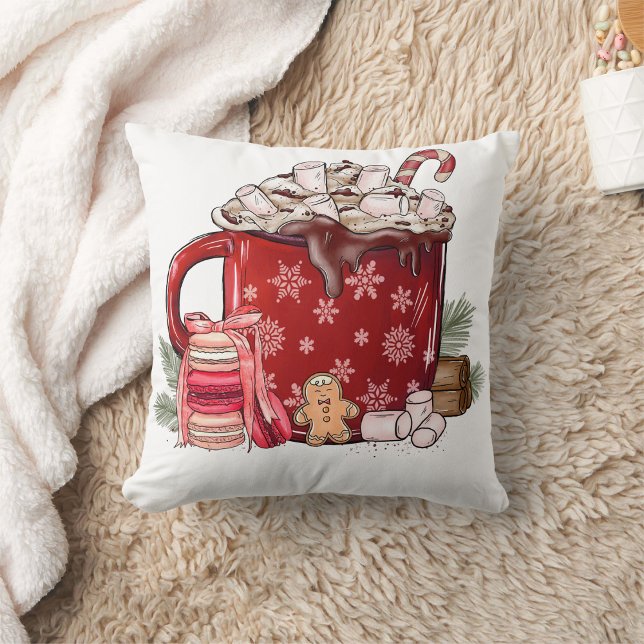 Cup of chocolate with cookies and holy throw pillow (Creator Uploaded)