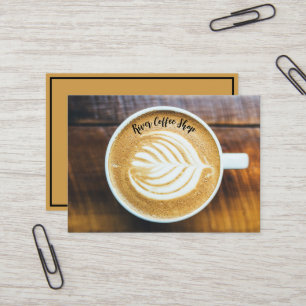 Cup of Coffee Latte Leaf-Shape Foam on Wood Name Business Card