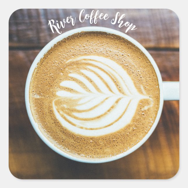 Cup of Coffee Latte Leaf-Shape Foam on Wood Name Square Sticker (Front)