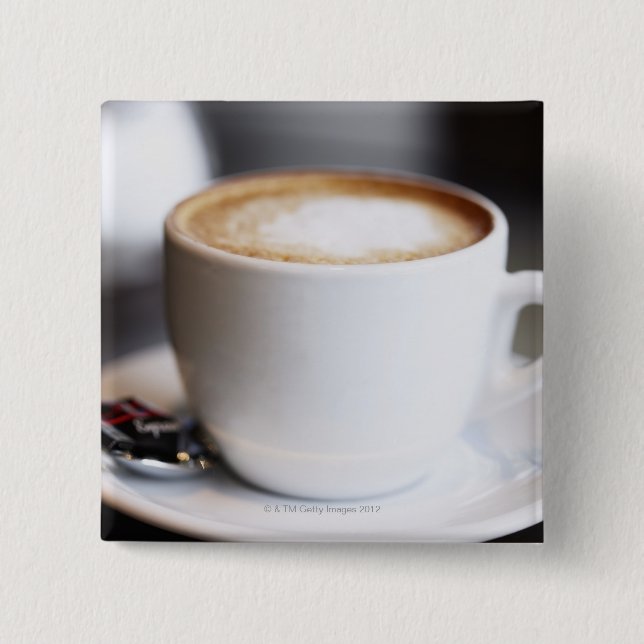 cup of coffee latte on table, close-up 2 inch square button (Front)