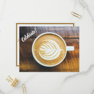 Cup of Coffee Latte with Leaf-Shape Foam on Wood Invitation Postcard