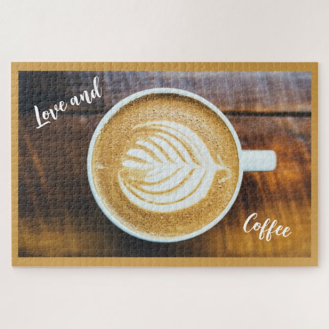 Cup of Coffee Latte with Leaf-Shape Foam on Wood Jigsaw Puzzle (Horizontal)
