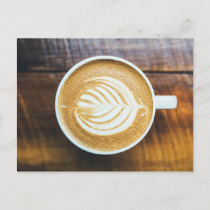 Cup of Coffee Latte with Leaf-Shape Foam on Wood Postcard