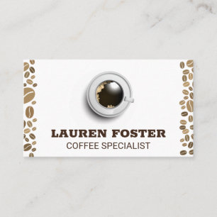 Cup of Coffee on Saucer   Top View   Coffee Beans Business Card