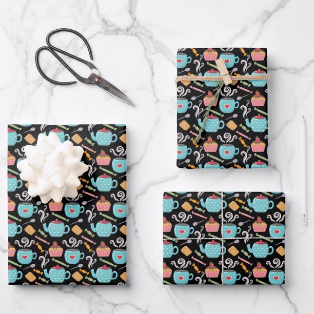 Cup of Coffee Tea Biscuit Cupcake Teapot Black Wrapping Paper Sheet (Front)