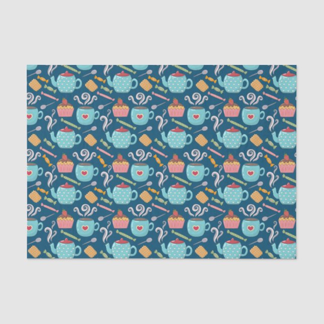Cup of Coffee Tea Biscuit Cupcake Teapot Blue Tissue Paper (Front)