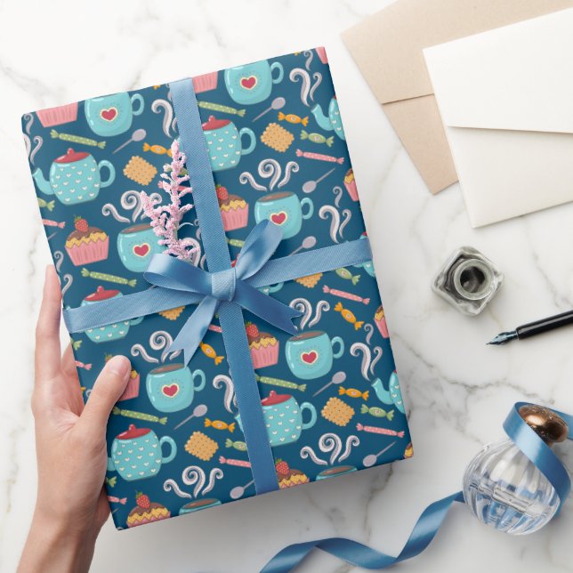 Cup of Coffee Tea Biscuit Cupcake Teapot Blue Wrapping Paper (Gifting)