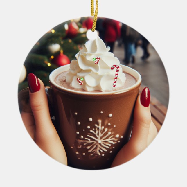 Cup of Holiday Cocoa With Whip Ceramic Ornament (Front)
