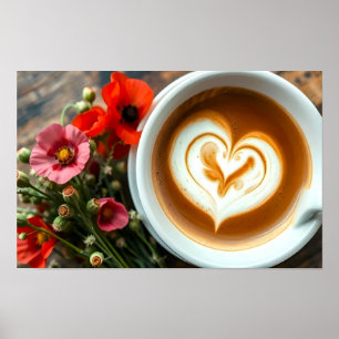 Cup Of Hot Coffee With Heart Shape Latte Art Poster