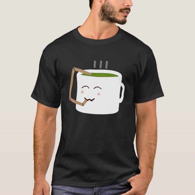Cup of Tea Using a Straw to Drink Cute Green Tea T-Shirt (Front)