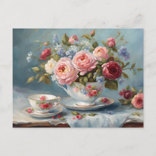 Cup of Tea with Beautiful Flowers Postcard