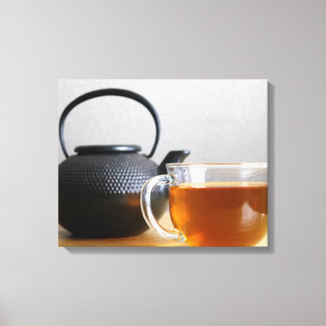 Cup of Tea with Black Metal Tea Kettle 16x20 Canvas Print (Front)