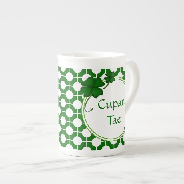 Cupan Tae Gaelic Shamrock Bone China Mug (Front Right)