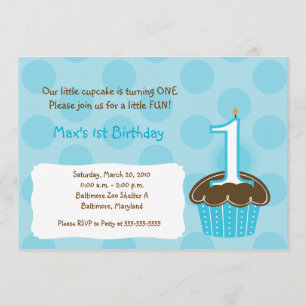 Cupcake 1st Birthday blue dot Modern Invitations