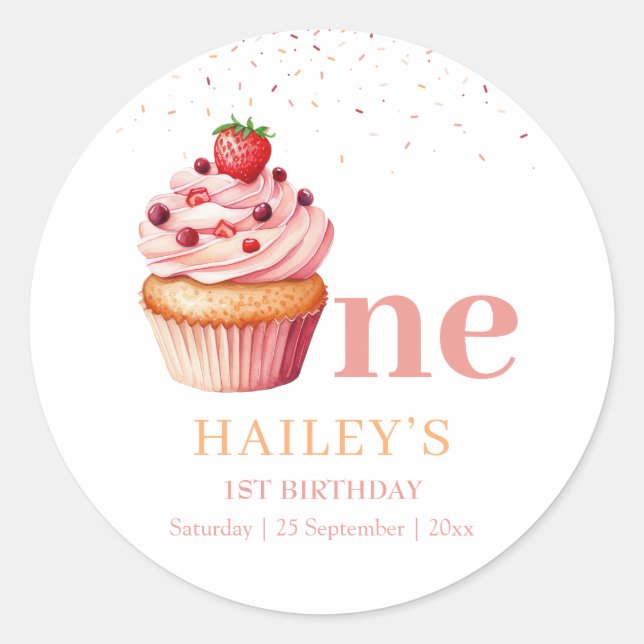 Cupcake 1st Birthday Invitation Sweet Treats Party Classic Round Sticker (Front)