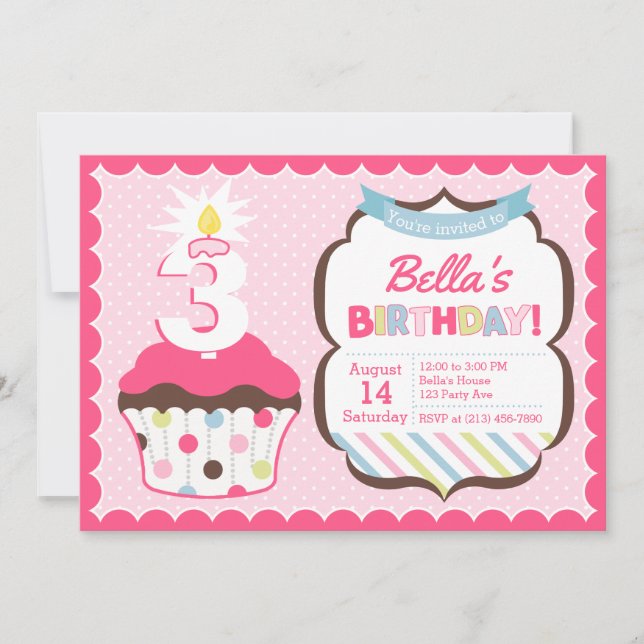 Cupcake Age Bougie Fille Anniversaire Invitation (Devant)