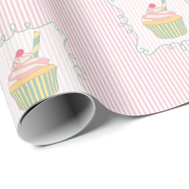 Cupcake and Pink Stripes Fun Edible Wrapping Paper (Roll Corner)