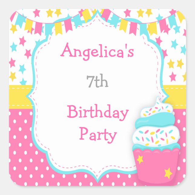 Cupcake and Sprinkles Birthday Party Square Sticker (Front)