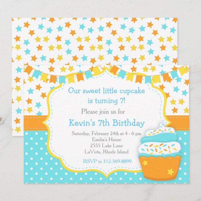 Cupcake and Sprinkles Blue Birthday Party Invitation (Front/Back)
