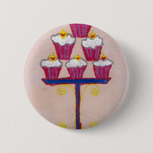 Cupcake Art Print with Cherry and Pink Background 2 Inch Round Button (Front)