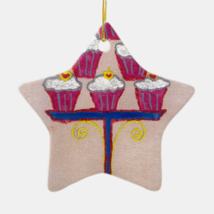 Cupcake Art Print with Cherry and Pink Background Ceramic Ornament