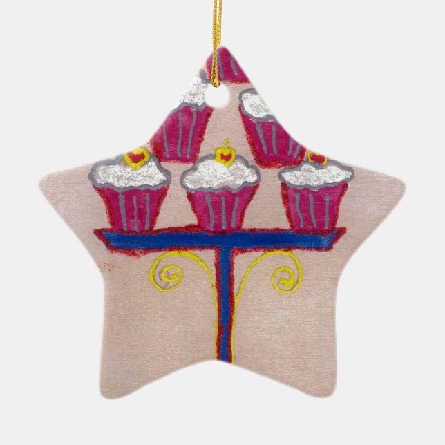 Cupcake Art Print with Cherry and Pink Background Ceramic Ornament (Front)