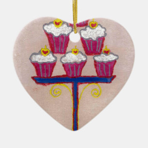 Cupcake Art Print with Cherry and Pink Background Ceramic Ornament