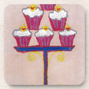 Cupcake Art Print with Cherry and Pink Background Coaster