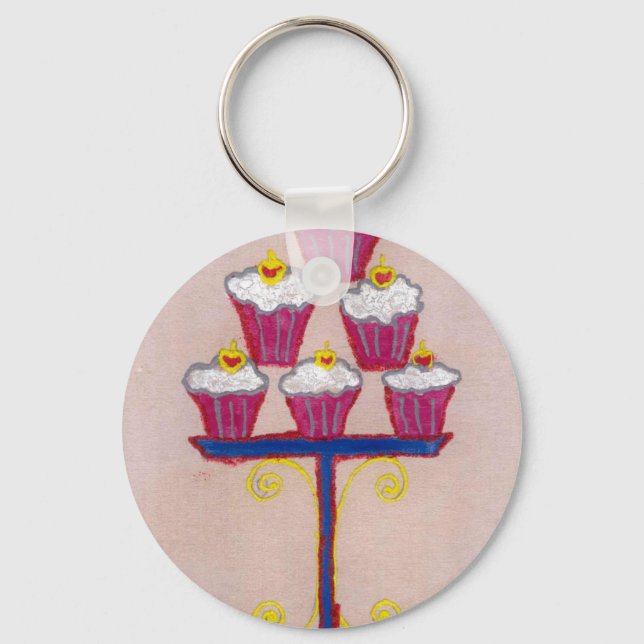 Cupcake Art Print with Cherry and Pink Background Keychain (Front)