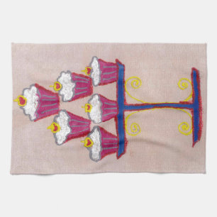 Cupcake Art Print with Cherry and Pink Background Kitchen Towel