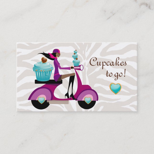 Cupcake Bakery Business Card Scooter Girl AA Zebra (Front)