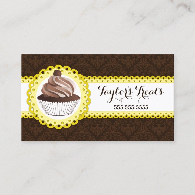 Cupcake Bakery Damask Scalloped Border Business Card (Front)
