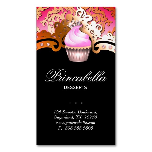Cupcake Bakery Elegant Damask  Gold Business Card  (Front Vertical)