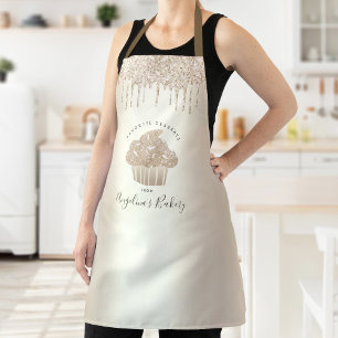 Cupcake Bakery Gold Glitter Drips Script Girly Apron