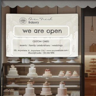 Cupcake Bakery Logo We Are Open Grey Banner