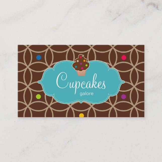 Cupcake Bakery Modern Dots Chocolate Blue Business Card (Front)