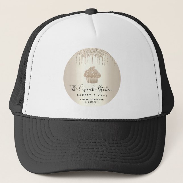 Cupcake Bakery Pastry Cafe Chic Gold Glitter Drips Trucker Hat (Front)