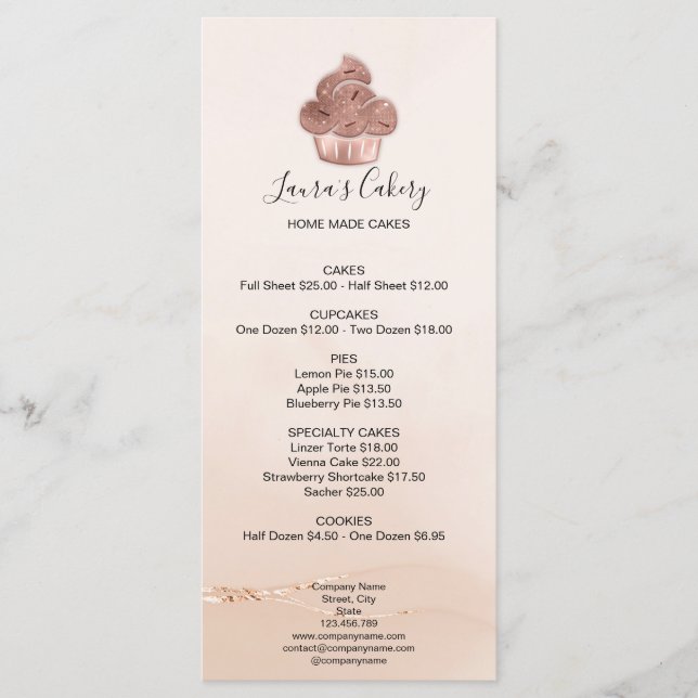 Cupcake Bakery Pastry Chef Blush Pink Rose Gold  Menu (Front)
