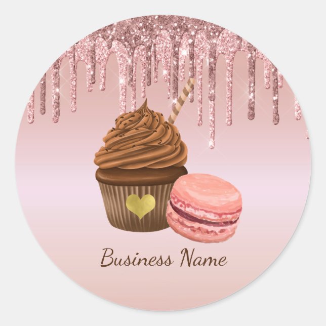 Cupcake Bakery Pastry Chef Glitter Drips Rose Gold Classic Round Sticker (Front)