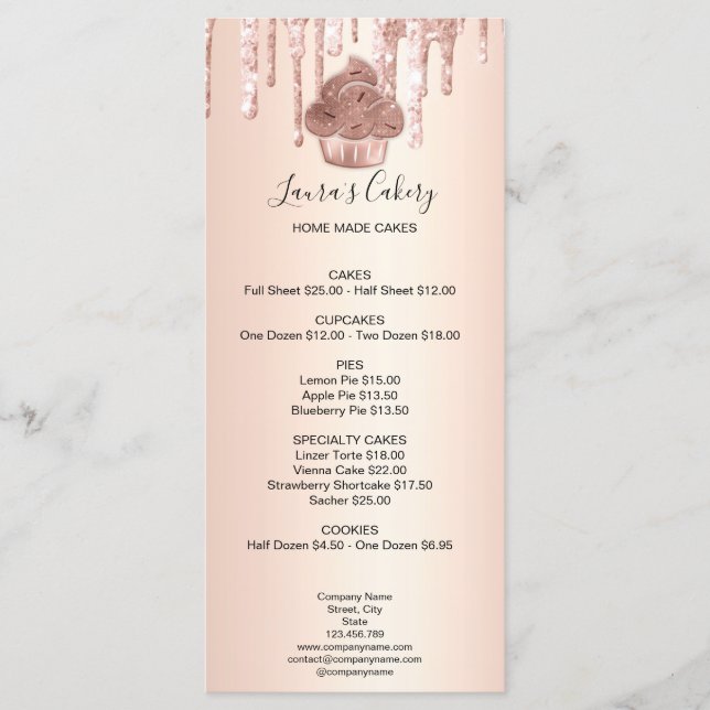 Cupcake Bakery Pastry Chef Glitter Drips Rose Gold Menu (Front)