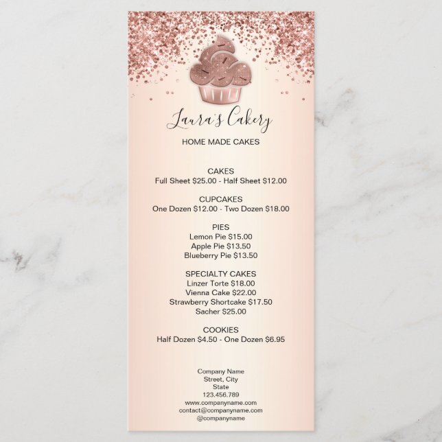 Cupcake Bakery Pastry Chef Glitter Drips Rose Gold Menu (Front)